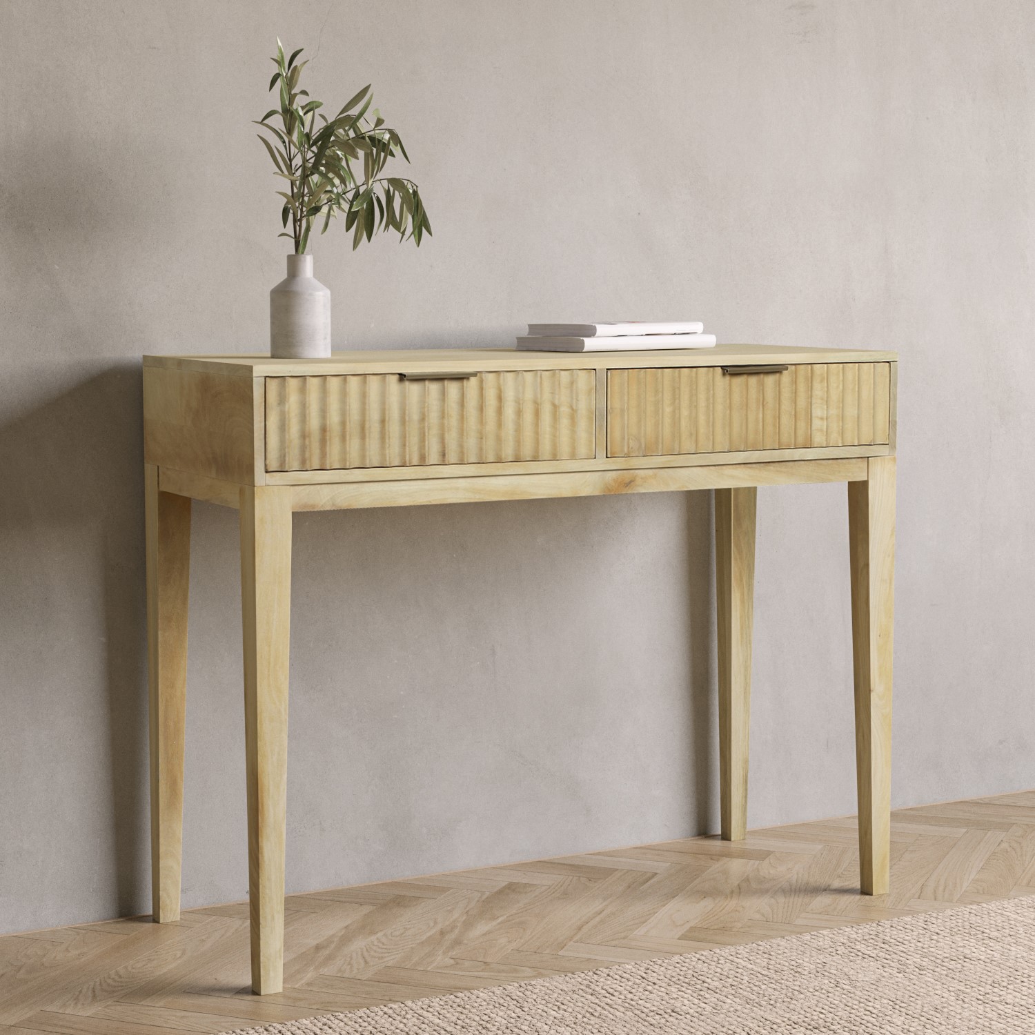 Read more about Small solid mango fluted wood console table with drawers linea